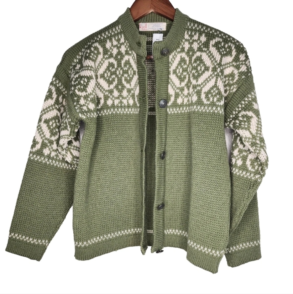 1960s Kjell of Norway Vintage Fair Isle Wool Sweater in Green and White Size M - Picture 1 of 7